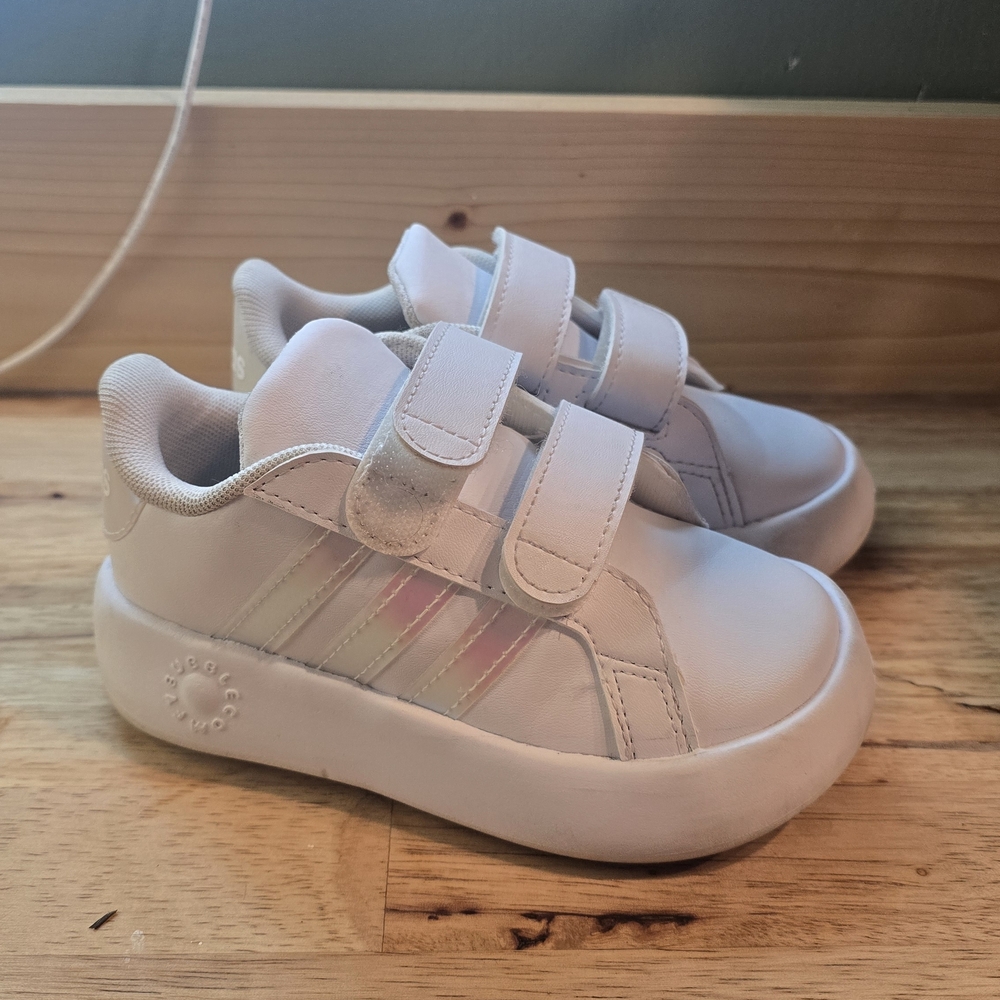 Kids Adidas White Sneakers with Pink Stripes